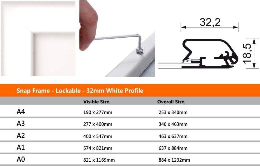 Snap Frame Lockable 32mm White Profile